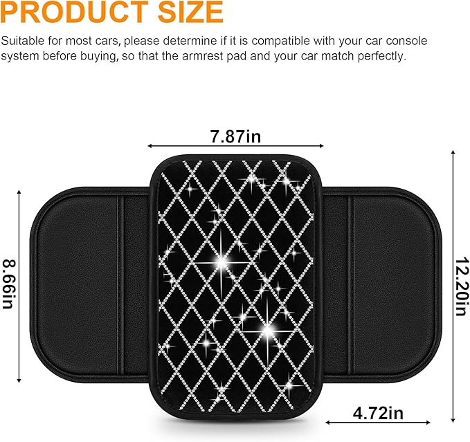 Bling Armrest Cover for Car Compatible with Jeep Wrangler - Center Console Cover with 2 Storage Pockets and Crystal Diamond(Black)