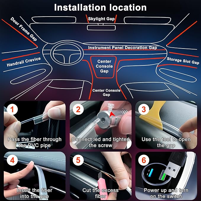 LED Lights for Car Interior - 5 in 1 Wireless Ambient Lighting Kit with 236" Fiber Optic, 16 Million Colors, APP Music Sync - Car Neon Lights for Cars, Trucks, SUVs(USB)