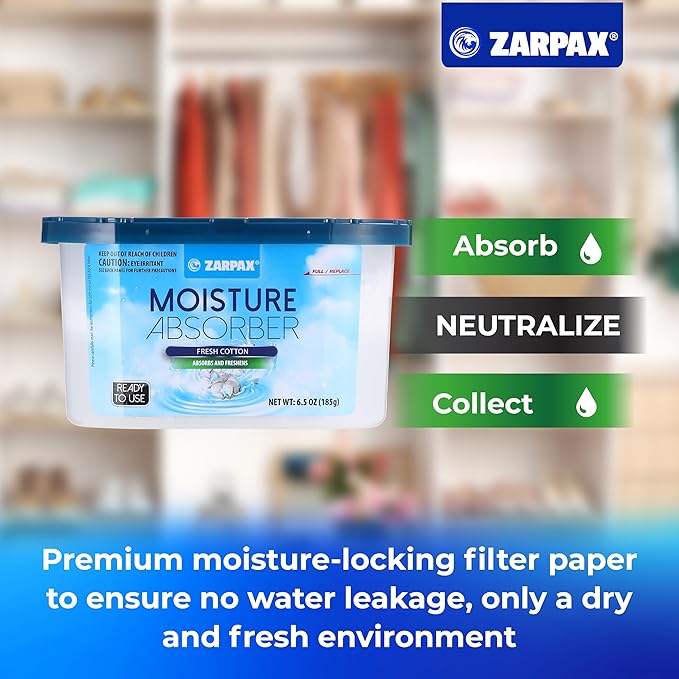 ZARPAX Moisture Absorber Fresh Cotton 6.5 oz/185g | Removes Moisture, Damp & Humidity | Odor Absorber With Fresh Cotton Fragrance | Moisture Trap for Bathroom, Closet, Kitchen | Set of 6