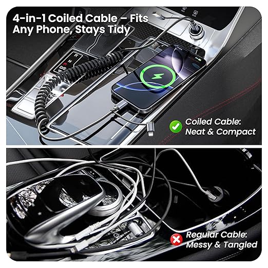 Basesailor for iPhone 17 16 Pro Max Car Charger Cord Coiled 3.3FT,4 in 1 USB C Coil 60W Multi Type C Fast Charging Cable with USB and Lightning Adapter for CarPlay,Apple 15 14 13 12,S26 S25,iPad Air 5
