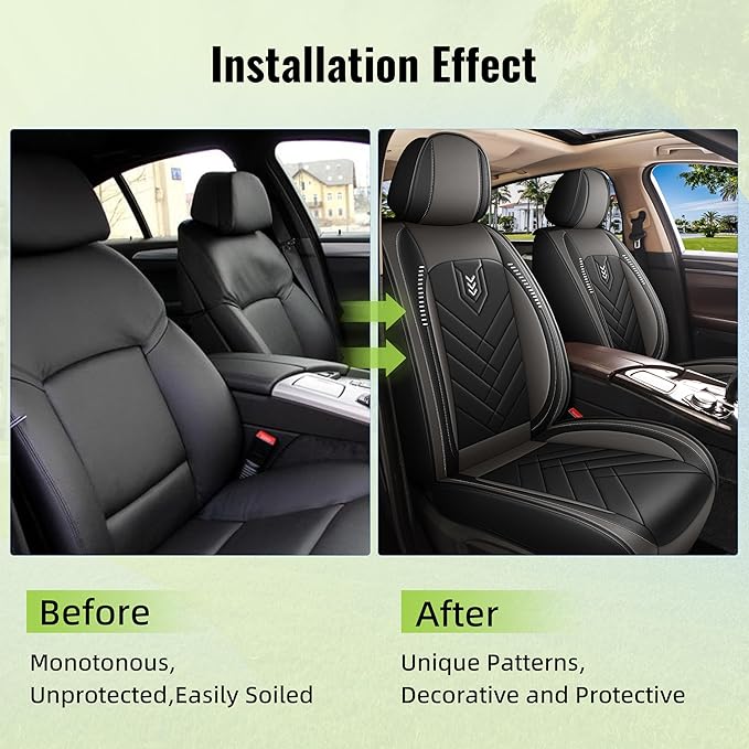 AOMSAZTO Front Seat Covers Fit for Nissan Juke 2011-2017 Waterproof Faux Leather Car Seat Cover Compatible with Airbag(2PCS Front, Black&Grey)
