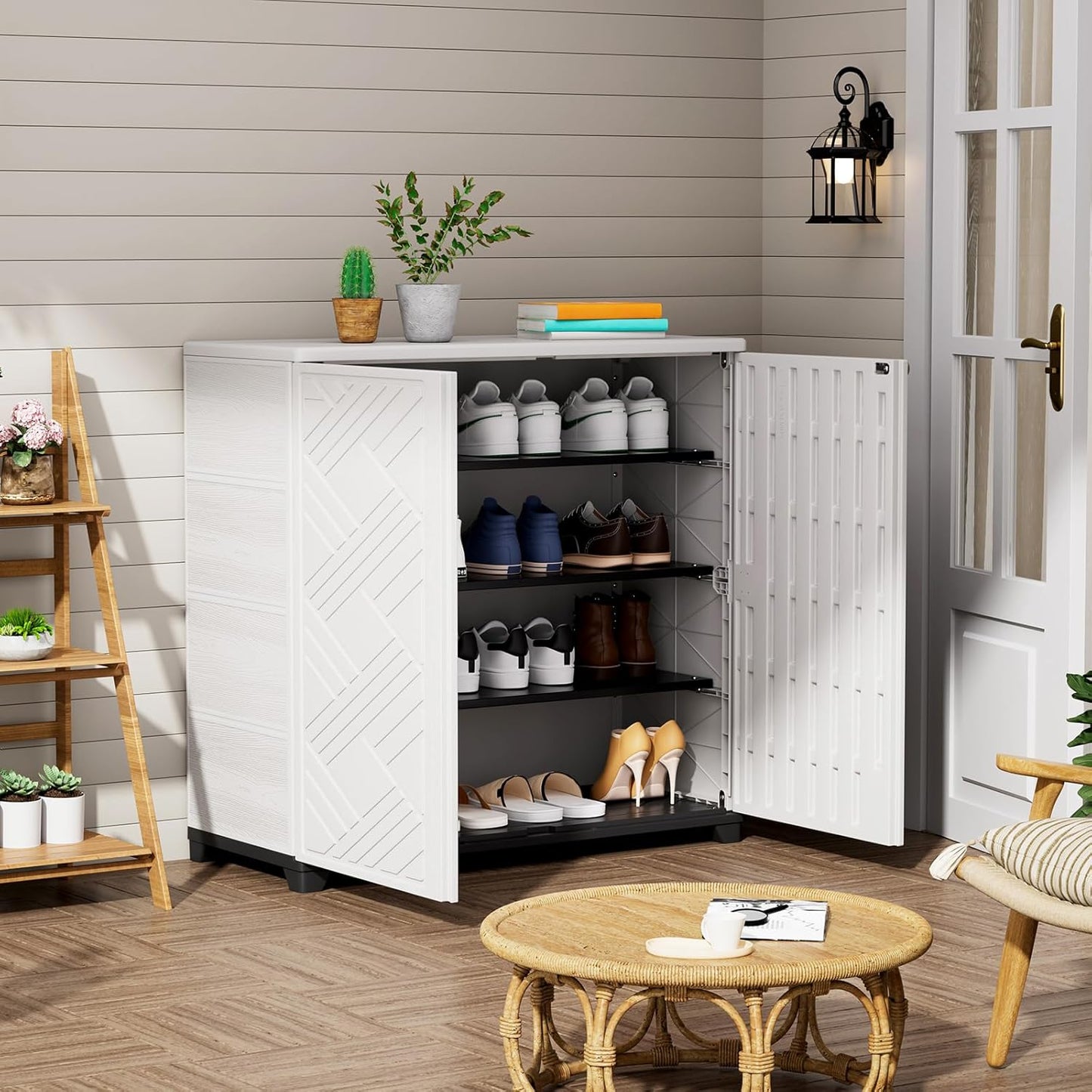 ZZM Indoor/Outdoor Storage Cabinet Waterproof, 34"x15"x34" Plastic Outdoor Storage Box for Garden Balcony Bathroom, All Weather Outdoor Storage Clearance, DIY Usage, with 1 Shelf (White)
