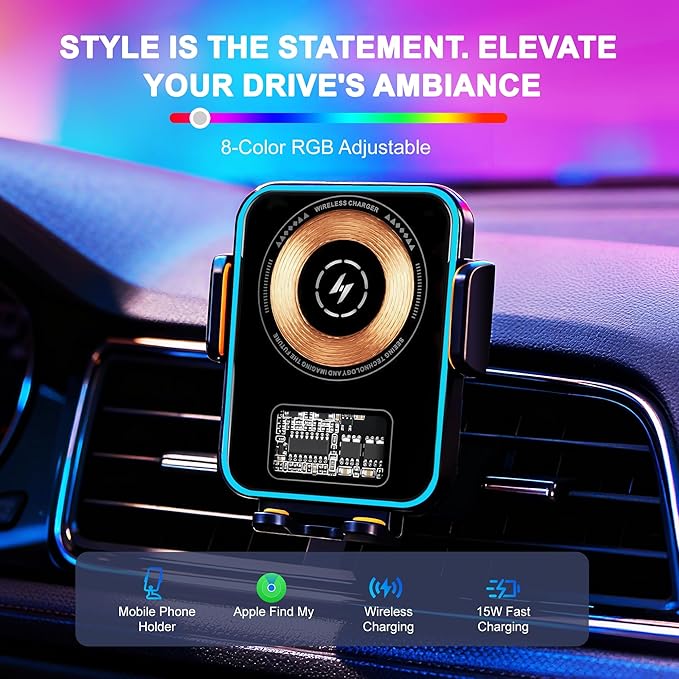 15W Fast Wireless Car Charger with Air Tracker Tag GPS Bulid in(iOS Only)-Air Vent Phone Mount, Works with Apple Find My, Hidden&Undetectable (Wireless Car Charger with Tracker)