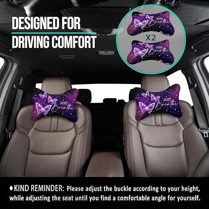 2 Pack Car Neck Pillow,Purple Butterfly Car Headrest Pillow,Ergonomic Design,Memory Foam Car Pillow,Breathable Removable Cover Universal Headrest Pillow for Travel Car Seat Driving & Home