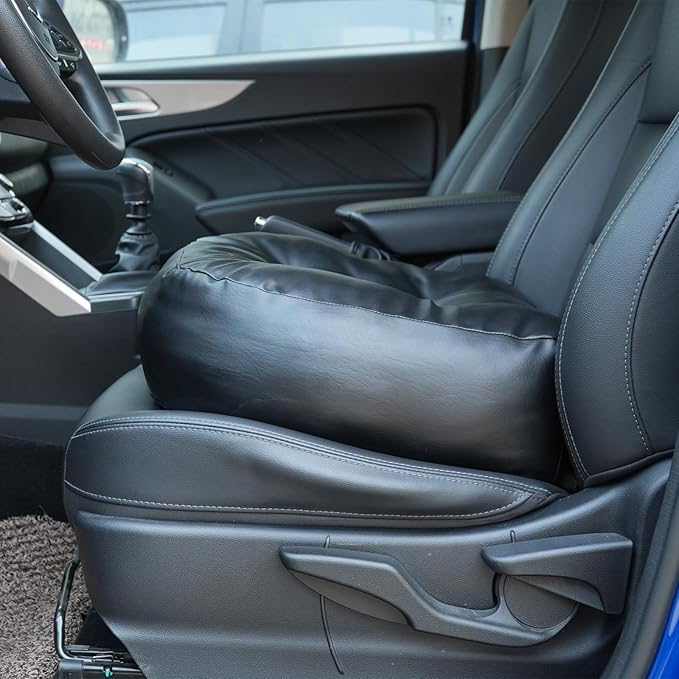 YOUFI Super Thicken Leather Car Seat Cushion for Adults - Portable Angle Lift Seat Pad with Breathable Cover, Handle, and Buckle - Ideal for Trucks, SUVs, and Office Chairs(Black)
