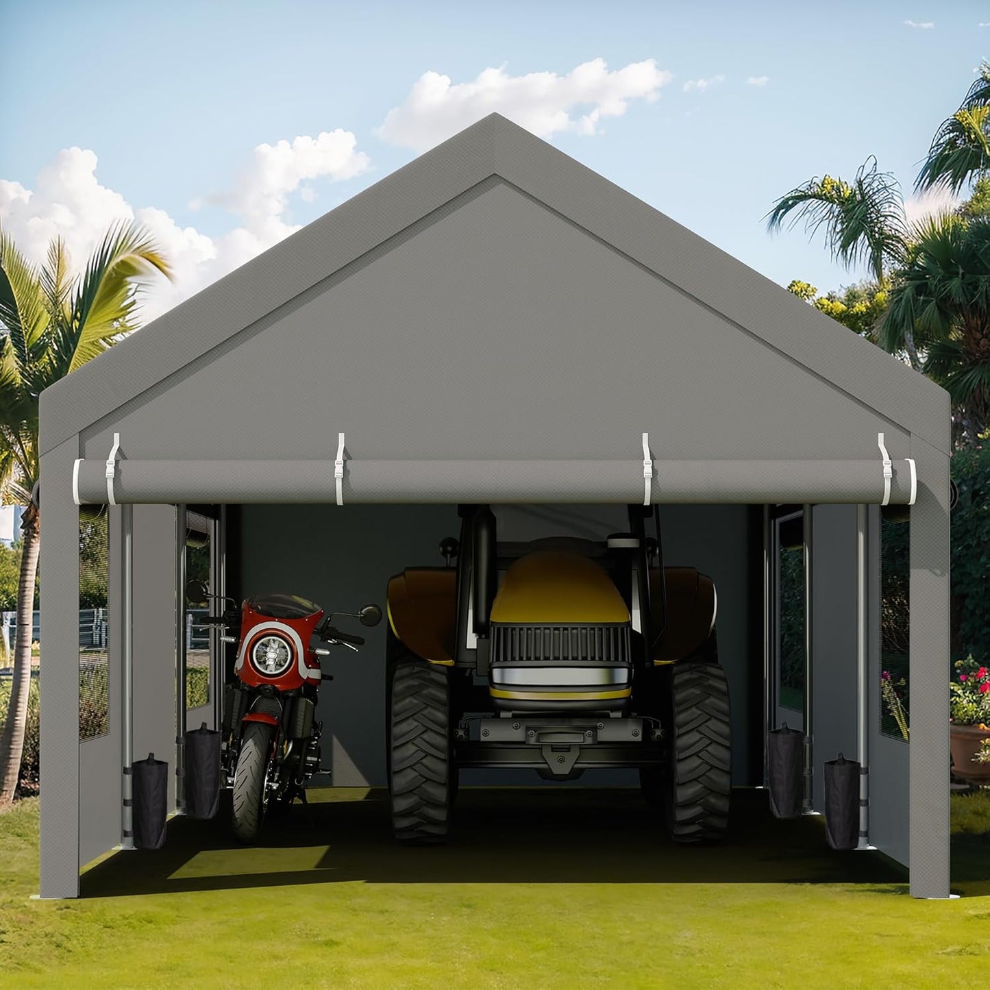 JY QAQA Carport, 10x20 FT Heavy Duty Carport Reinforced Steel Poles with Removable Sidewalls & Doors,Roll-up Windows Car Canopy with Sandbags and All-Season Tarp for Car Boat Truck Motorcycle