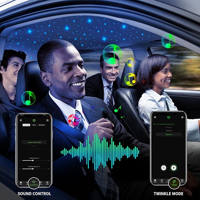 AMKI Updated 16W RGBW Fiber Optic Light Twinkle + Sound Activated Mixed 350pcs 0.03in 6.5ft Cables APP Remote Music Control Car Home Starlight Headliner Star Ceiling Light Kit