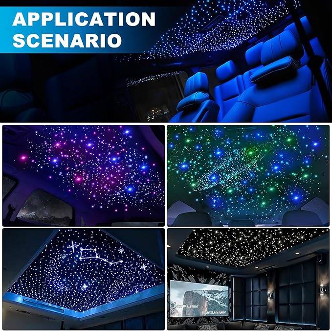 4 Colors 32W Twinkle Starlight Headliner Kit for Car Home with APP&RF Remote, RGBW 460pcs*0.03in*9.8ft Cables Fiber Optic Star Sky Roof Lights,4 Port Engine Sound Activated Ceiling Star Lights for Car