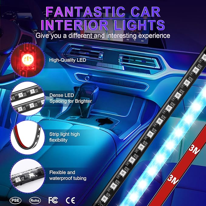 LivTee Interior Car LED Lights, Smart RGB Ambient Lighting with App & Remote Control, Music Sync & DIY Modes, 4-Line Separate Design LED Strip Lights, USB Powered, Car Accessories for Women
