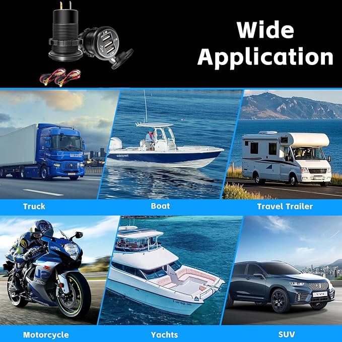 12V USB Outlet, 3 Port Charger Socket 12V/24V Car USB Charger Socket for Car Boat Marine Bus Truck Golf RV Motorcycle and More 1-Pack