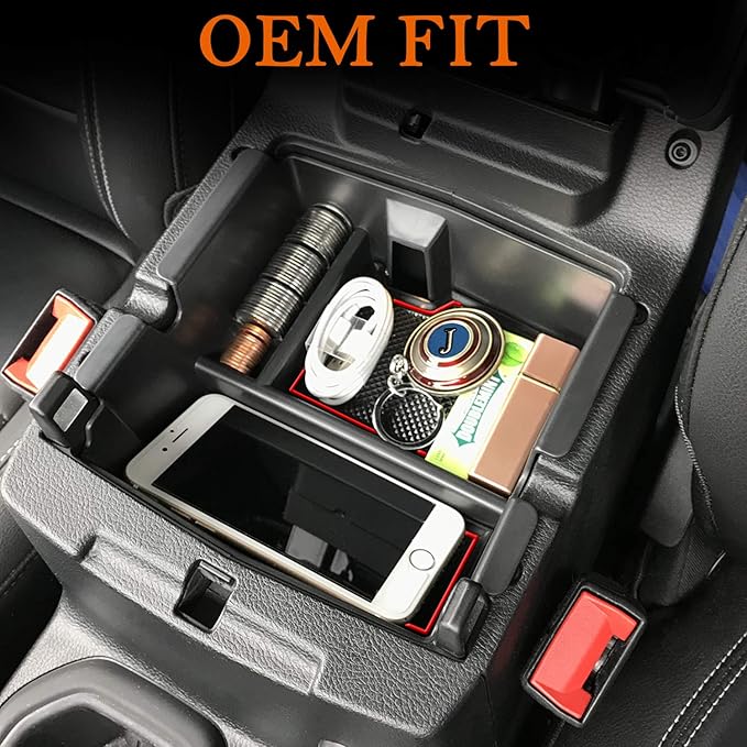 Compatible with Center Console Organizer Tray Jeep Wrangler JL/JLU 2018-2023 2024 2025 2026 and Jeep Gladiator JT Truck 2020-2023 2024 2025 2026 Insert Armrest Accessories (Not for JK/JKU)(Red Trim)
