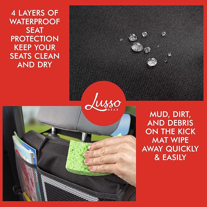 Lusso Gear Kick Mats (2 Pack) - Car Seat Back Protectors, Premium Waterproof Fabric, Reinforced Corners to Prevent Sag, and 4 Mesh Pockets for Large Storage (Gray)