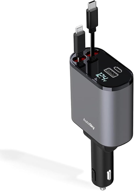 AutoSky 4-in-1 Retractable Fast Charger, for Cars: 100W Car USB-C & iPhone Cable, USB-C/A Ports - Compatible with iPhone, Galaxy, Pixel and More.