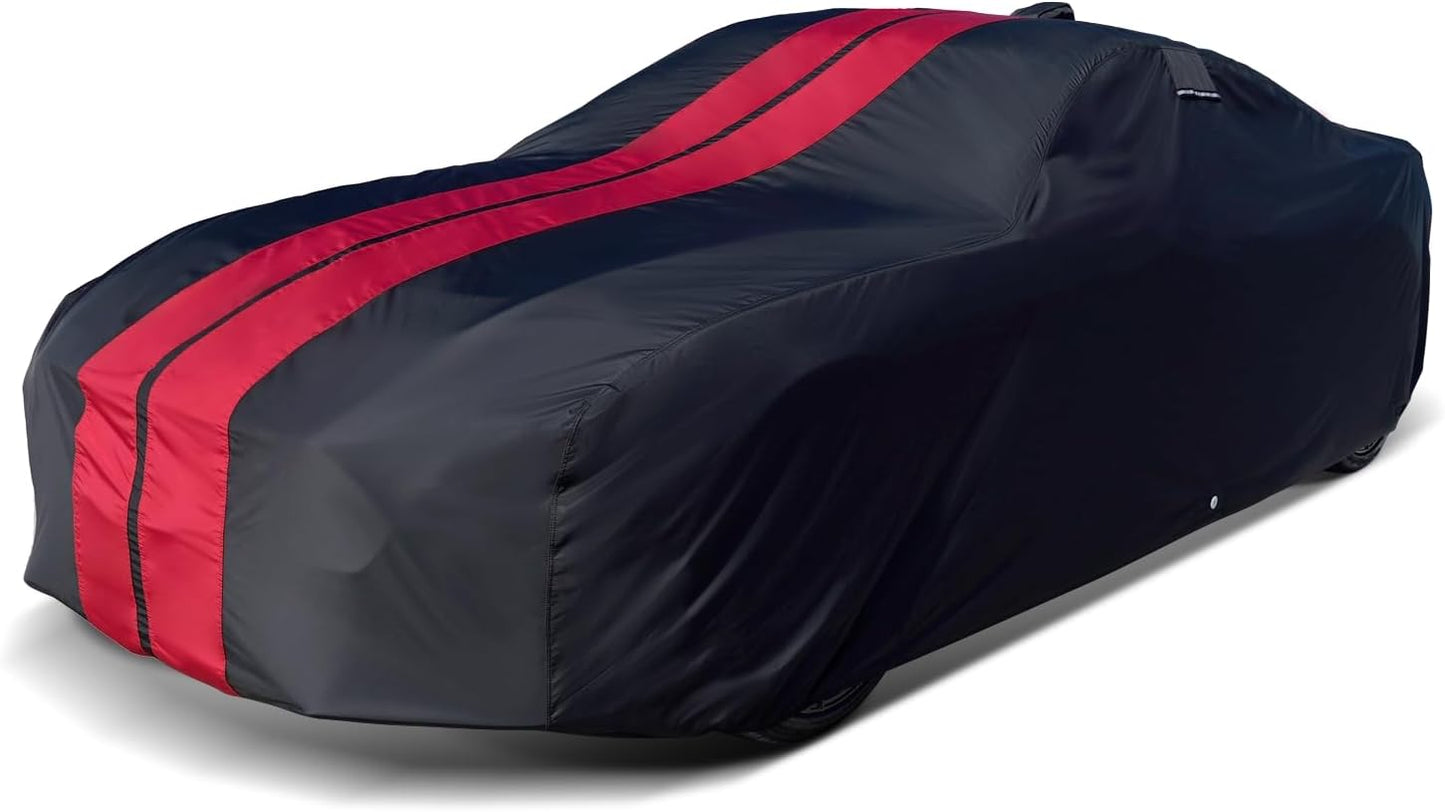 iCarCover Custom Car Cover for Pontiac Grand Am (1978-1980) Waterproof All-Weather Rain Snow UV Sun Protector Full Exterior Indoor Outdoor Car Cover (Stripe - Black/Red)