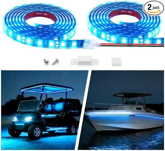 12V Marine Boat LED Light Strip Super Bright, 2 Pack 4FT IP68 Fully Waterproof RV Front Cap Lights, Golf Cart Underglow Roof Lights Strip for Truck ATV UTV SUV Car Pickup Trailer, Cuttable, Blue