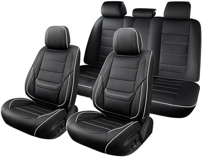 Car Seat Covers Full Set Custom Fit for Ford Explorer2001-2025 2026-Luxury Leather with Lumbar Support, Breathable, Waterproof, Anti-Slip, Durable, Easy to Install (Black&White,Full Set)