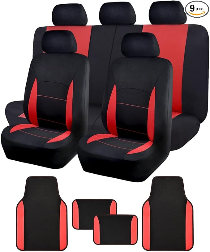 Flying Banner Car Seat Covers Front Seats Rear Bench Polyester car seat Protectors Easy installations Rear Bench Split Classic Man Lady Truck (Full Set - Low Back - Combo Pack, Black Red)