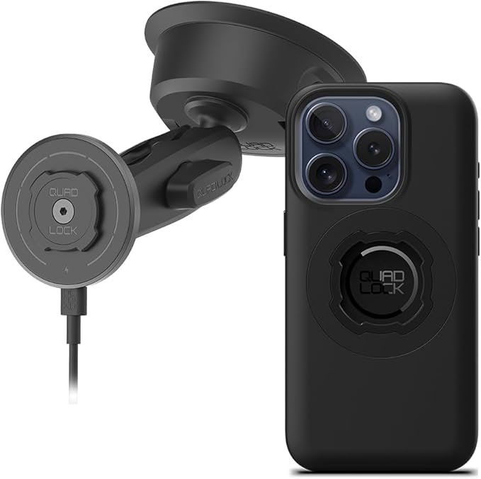 Quad Lock Heavy Duty Suction Car Phone Mount with MAG Phone Case and MAG Wireless Charging Head for iPhone 15 Pro