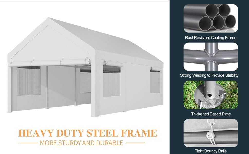 Shintenchi Carport 12' x 20' Heavy Duty Portable Garage, Car Port Canopy with Side-Opening Removable Door & Roll-Up Windows, Car Canopy for Truck,Car,Boat,Motorcycle,White
