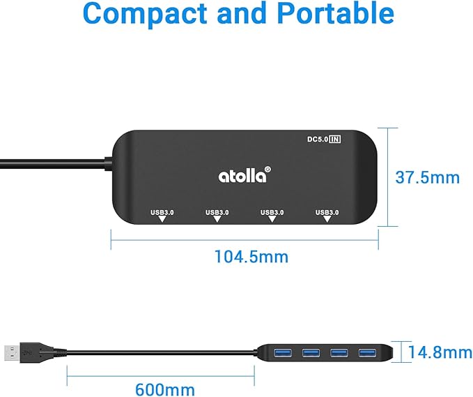 USB 3.0 Hub 4-Port with 2ft Cable — High-Speed 5Gbps Data Expander for Laptop & PC, Ultra-Slim Portable USB Splitter Compatible with Windows/macOS/Linux