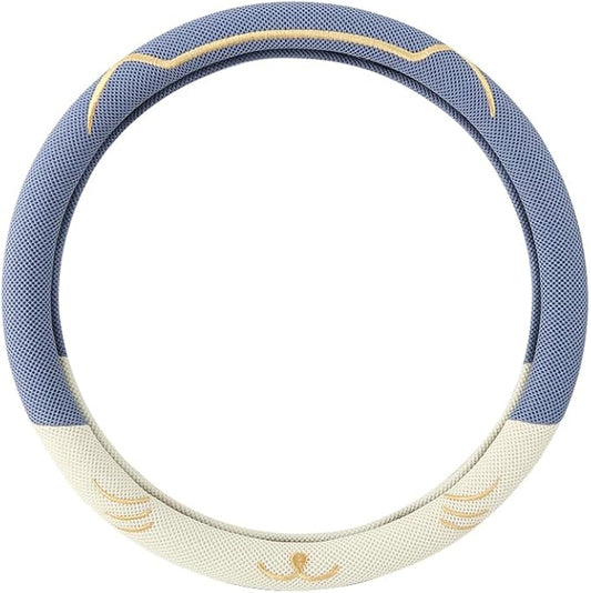 38cm Car Steering Wheel Cover, Universal 15 inch, Microfiber Breathable Ice Silk, Anti-Slip, Odorless, Easy to Install, Blue and White Contrast Design, Cute Cat for Girls, Ladies, Women