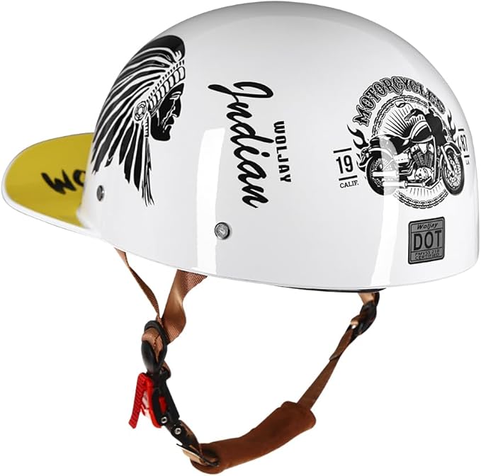 Vintage Retro Open Face Motorcycle Helmet Baseball Cap Half Helmets with pull-down Lens for Men Women Moped Cap Jet Scooter Street Cruiser - DOT Certified (Indian-White,Large)