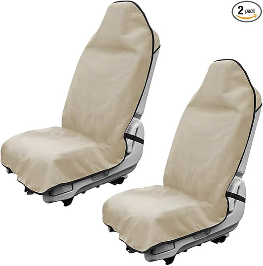 2PCS Car Towel Seat Cover, Waterproof Sweating Non-Slip Premium Soft Towel Carseat Protector, Universal Machine Washable Car Truck SUV Front Seat Cover for Gym Workout Beach Hiking (Beige)