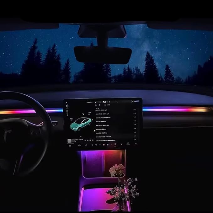 Interior Neon Lights for Tesla Model Y/3, Dreamcolor Acrylic Interior Car LED Strip Light for Tesla, Dynamic Chasing Music Sync Neon Ambient Lighting Kits for Tesla Model Y/3 (2 Strip Set A)
