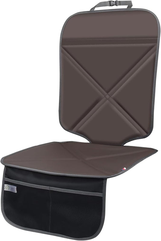 Car Seat Protector Leather Waterproof Child Safety Seat Protector Cover with Thick Pad and 2 Large Pockets Durable Kick Mat for All Auto Seat (Brown)