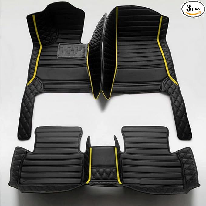 KaiLaiCarCustom Automotive Car Floor Mats for 99.99% Sedan SUV Sports Car Men Women Protection Full Coverage Pads Anti-Slip Leather Floor Lining (Black + Yellow bar, E- Diamond + Strip +Color Bars)