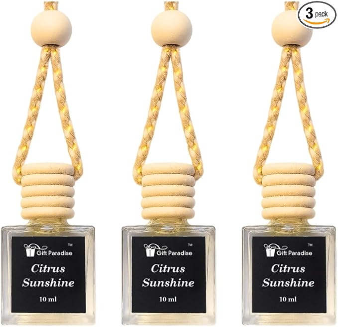 Gift Paradise® Citrus Sunshine Car Air Freshener Set of 3 (10 ml Each) – Hanging Diffuser Bottles with Wooden Cap, Fresh Lemon Orange Citrus Scent for Car, Home & Office, Long-Lasting Summer Fragrance