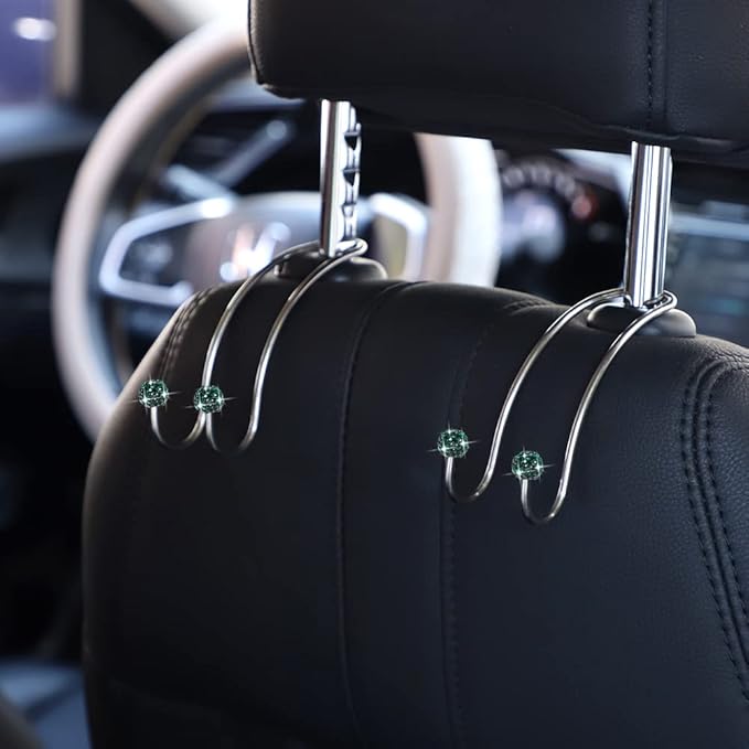 SAVORI Auto Hooks Bling Car Hangers Organizer Seat Headrest Hooks Strong and Durable Backseat Hanger Storage Universal for SUV Truck Vehicle 2 Pack (Dark Green)