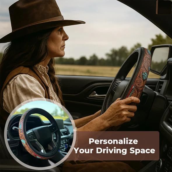 Western Steering Wheel Cover, Color Printed Embossed Hand-Painted Leather Western car Parts, for Women Man, Anti-Slip Design Easy to Install, for Trucks SUVs Cars (Style 1)
