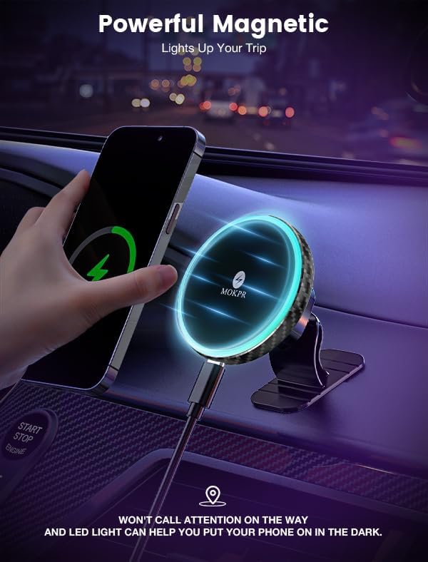 MOKPR for Magsafe Car Mount Charger-15W Wireless Car Charger-Magnetic Car Phone Holder for Dash Air Vent-LED RGB HandsFree Car Mount Fast Car Charger for iPhone 14/13/12 Series Carbon Fiber