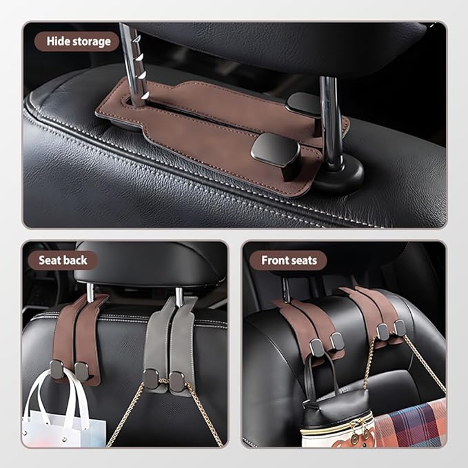 Car Seat Back Storage Hook, 2026 New Two Hook Fur Leather Seat Back Headrest Hanger Genuine Leather Double Metal Hook for Backseat Organizer, Car Organization Accessories (2, Black)
