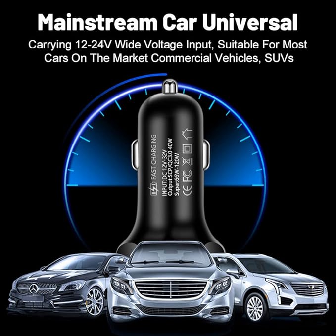 66W Multi Port Car Charger Adapter with Voltage Monitor, 4 USB QC3.0 Super Fast Charge Cigarette Lighter USB Charger, Compatible with iPhone/Android/Samsung/iPad Pro/and More (White)