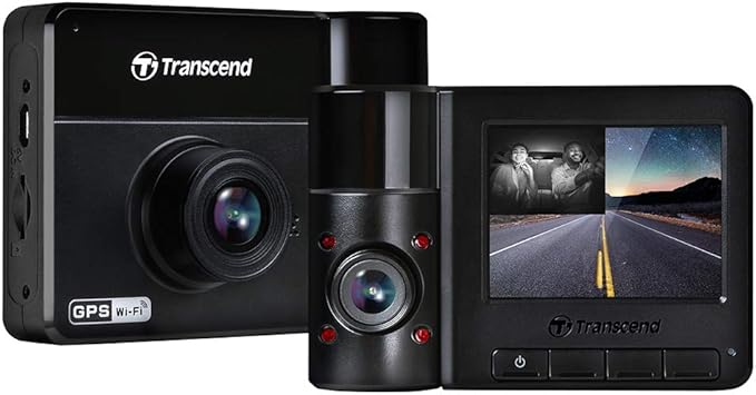 Transcend DrivePro Dash Cam Front and Rear, 2K QHD 1440P+1080P Full HD Car Cam/140°Wide-Angle/180°Rotatable Rear Lens/Night Vision Loop Recording/Head-Up Display/Wi-Fi/GPS GLONASS/ADAS/Support 1TB Max