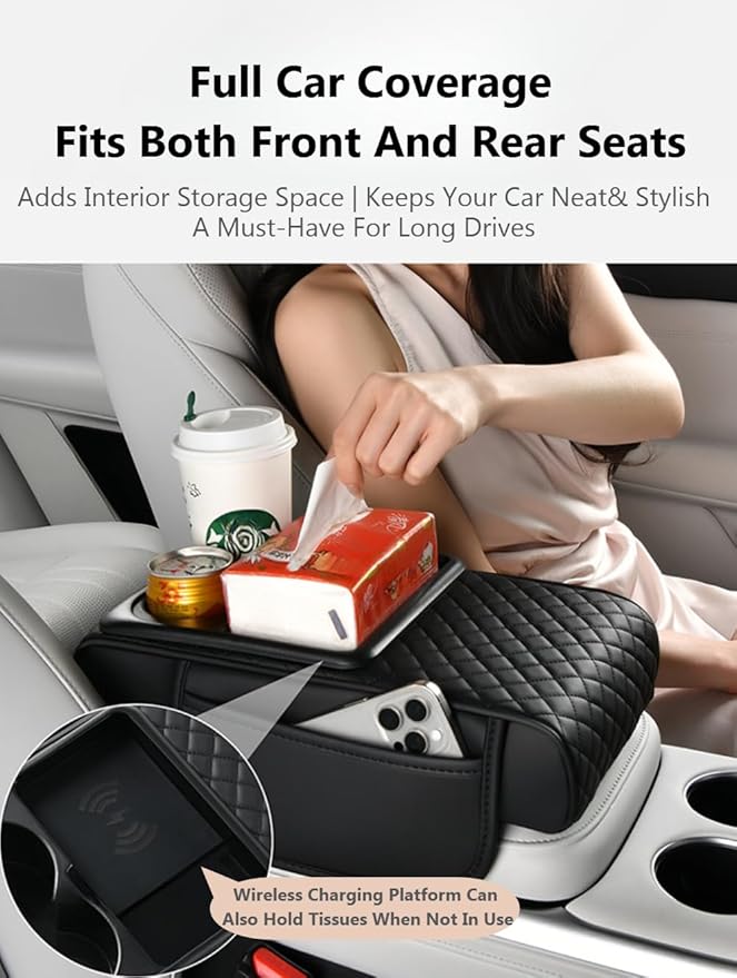 Car Armrest Pad with Built-in Induction Charging, Leather Center Console Cushion with 15W Power Pad, Dual Cup Holders, Storage Pockets - Red