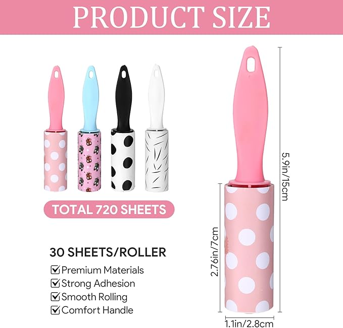 24 Pcs Mini Lint Roller Travel Size Portable Travel Lint Roller for Purse Pet Hair Clothes Furniture Car Compact Lint Bursh Sticky Small Cat Hair Removal Tool Gifts 720 Sheet