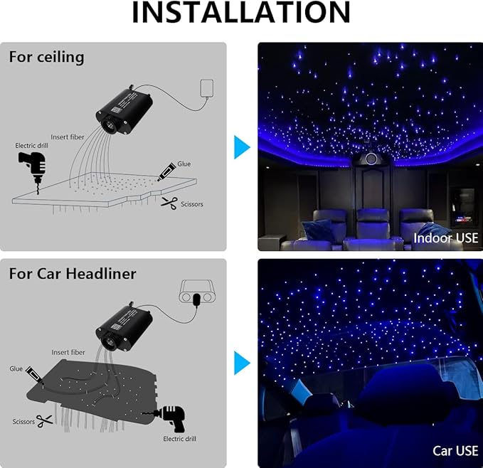16W APP Fiber Optic Starlight Headliner Lights Kit, 300pcs*0.03in(6.5ft/2m) Optical Fiber Star Music Activated RGBW Ceiling Light Kit for Car Headliner Star/Home
