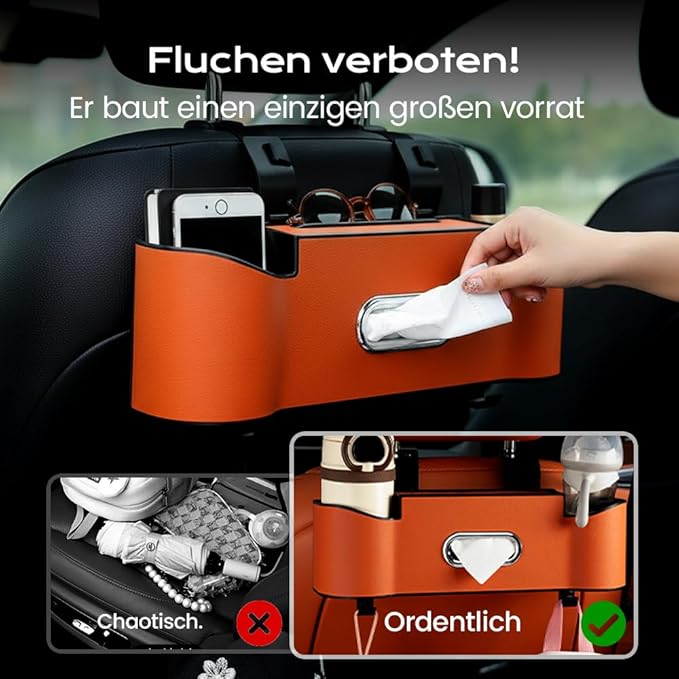 3-in-1 Car Backseat Organizer, 2026 New Multifunctional Back Seat Car Organizer with Cup Holder, Tissue Box, Trash Bin & Hooks for Hold Phones, Snacks, Drinks, Handbags (2, Red)