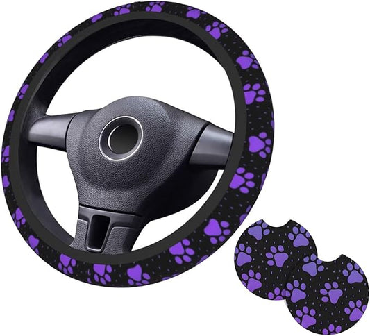 Purple Paw Print Steering Wheel Cover Dog Paw Print Steering Wheel Cover Anti-Slip Breathable Universal for 15 Inch Car with 2 Pieces Car Coasters Suitable for Men Women