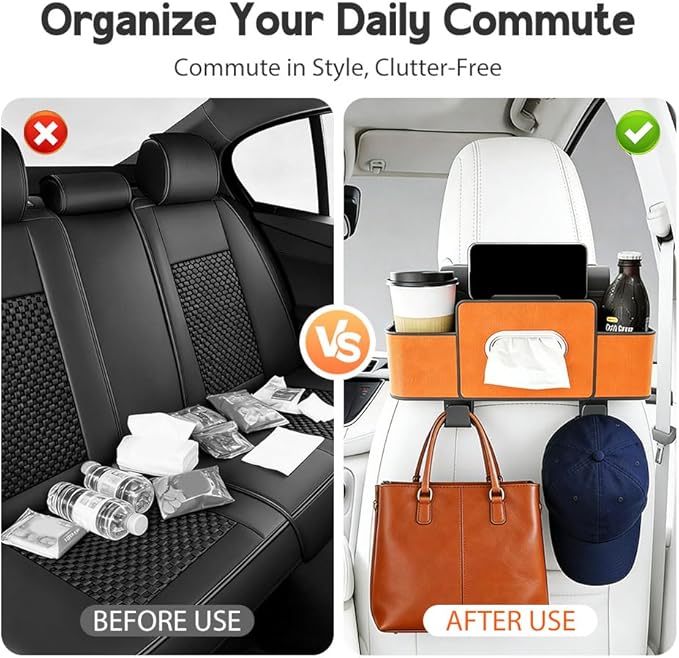 Multifunctional Car Seat Back Storage Box, 3-in-1 Backseat Car Organizer with Dual Cup Holders, Hold Phones, Snacks, Drinks, and Handbags (Beige)