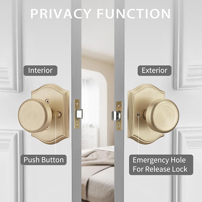 6 Pack Pismo Doorknobs for Bath & Bedroom, Gold Interior Door Knobs with Camelot Trim, Satin Brass Door Knob with Lock