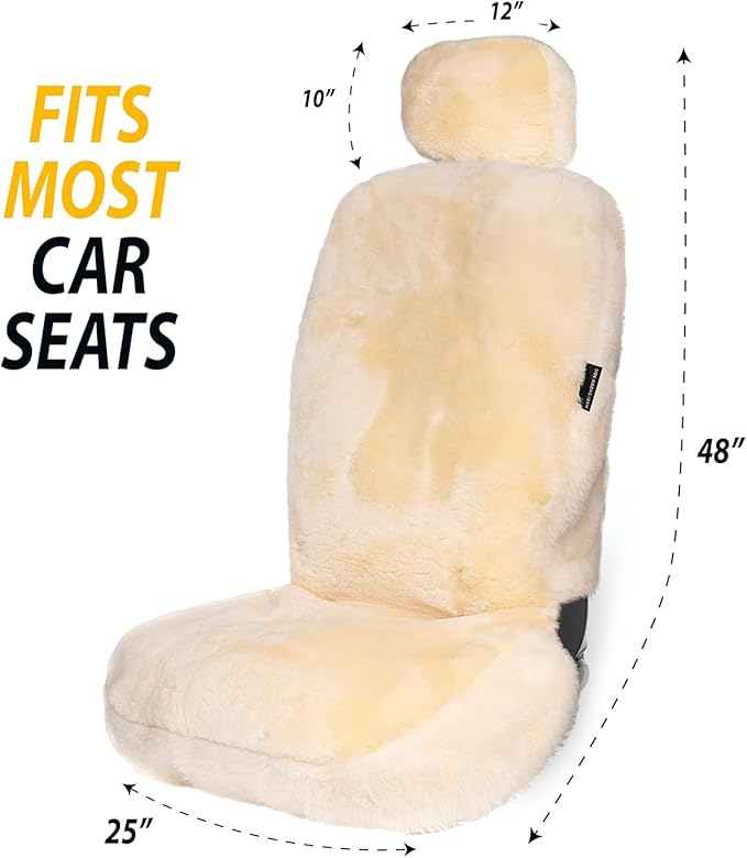 ZONETECH Sheepskin Seat Covers Fuzzy Car Seat Covers Ivory Australian Merino Wool Fluffy Fur Auto Accessories All Season Protection for Your Seats Universal Fits Most Car SUV Airbag Compatible