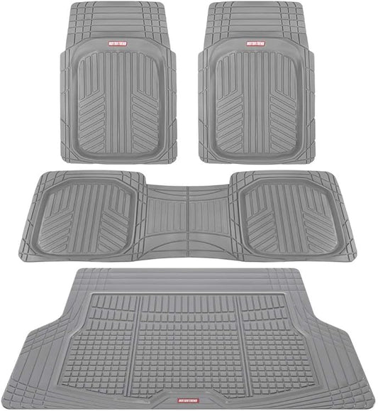Motor Trend FlexTough Gray Floor Mats for Cars & Cargo Mat Full Set - All Weather Front & Rear Rubber Automotive Floors Mats & Cargo Liner for SUV, Car, & Van - Interior Trunk Mat & Floor Cover