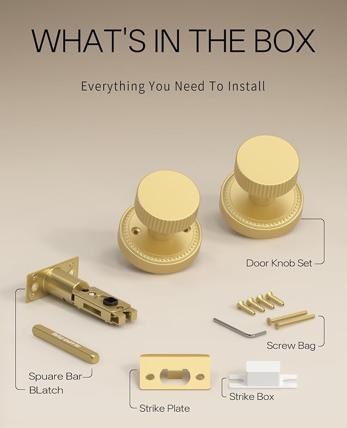 Asidrama 4 Pack Passage Gold Door Knob with Lock. Brush Gold Door Knobs Interior for Bedroom or Bathroom, Heavy Duty Door Handle for Left Right Sided Doors