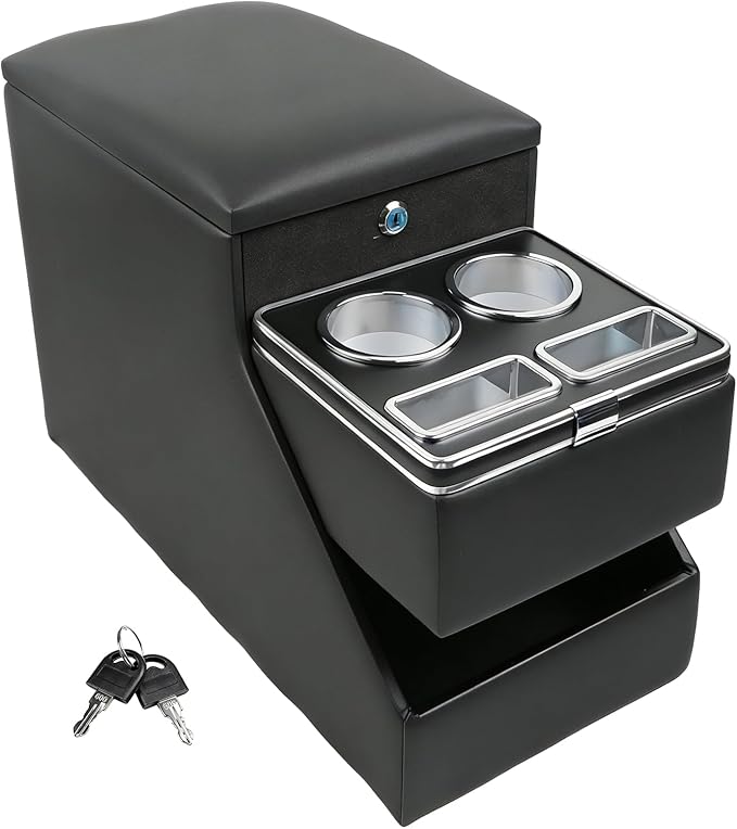 Center Console Organizer for Minivans, SUVs & Middle Van Seats - Floor-Mounted Lockable Storage Box with Dual Cup Holders, Ideal for Vehicle Interior