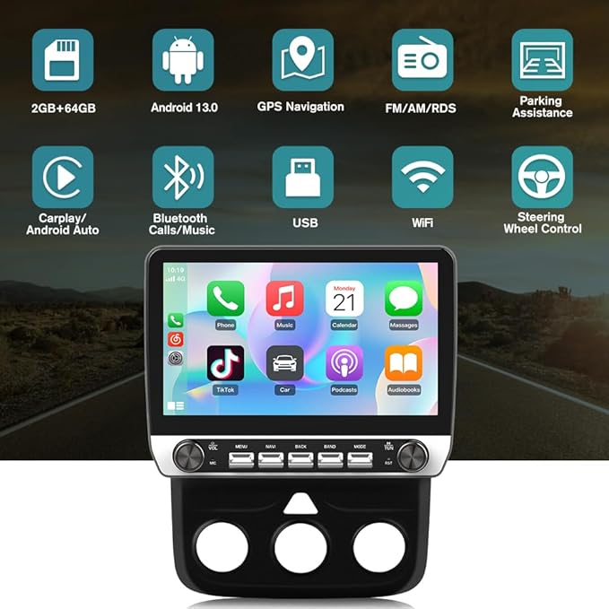 Car Radio Stereo Upgrade for Dodge RAM 1500/2500/3500 2013-2018, Android Head Unit with 10.1 Inch Touch Screen/Backup Camera/Wireless CarPlay & Android Auto/Mirroring/Wi-Fi/Bluetooth/SWC/FM/AM