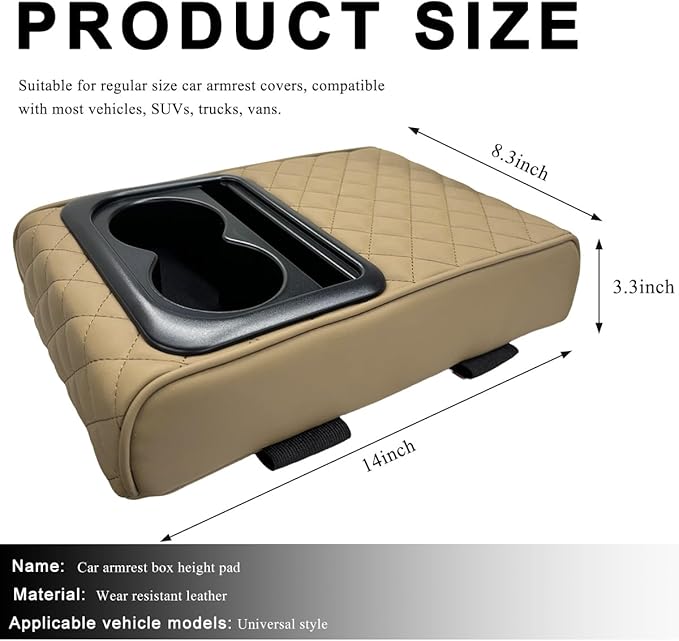 Car Center Console Armrest Pillow, 14"×8.3" Waterproof Leather Armrest Box Cover with Cup and Phone Holder, Soft Memory Foam Arm Rest Console Pad Protector for SUV Truck (Beige, Embroidery)